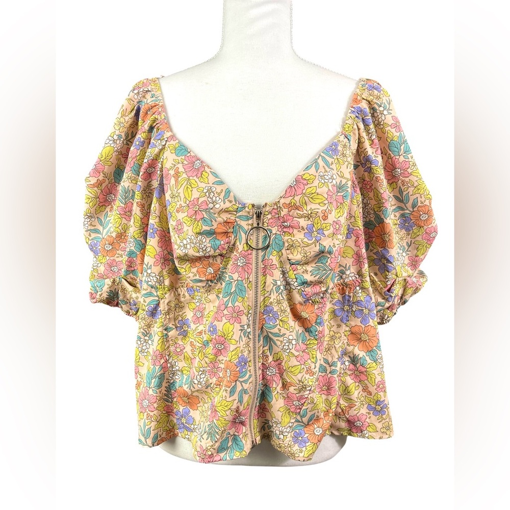 Milk & Honey Plus Size Pastel Floral Puff Sleeve Top‎ 3X zipper front colorful
